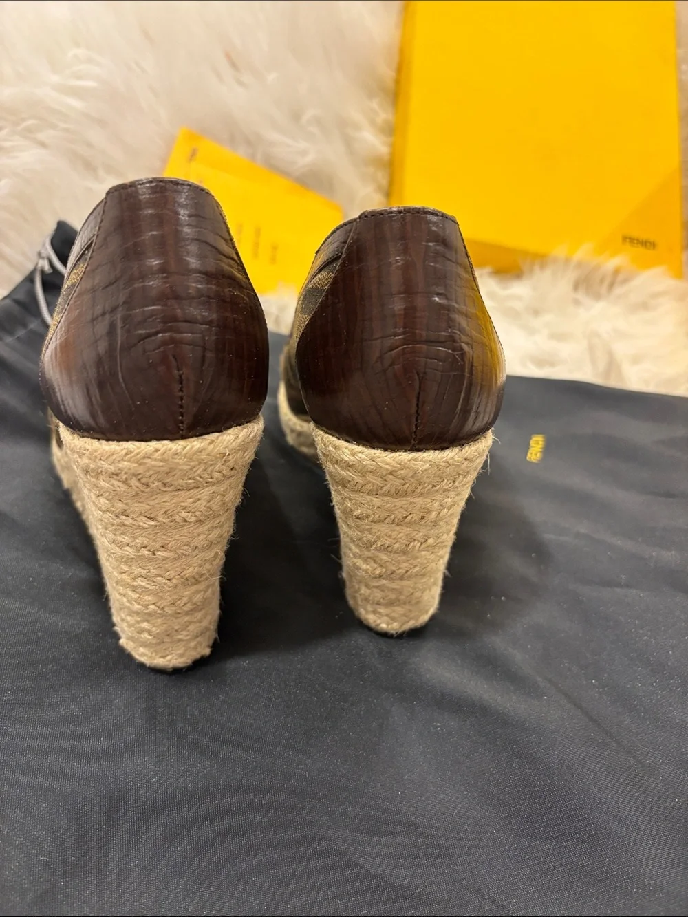 Fendi Dark Brown FF Monogram Espadrille Wedge Peep-Toe